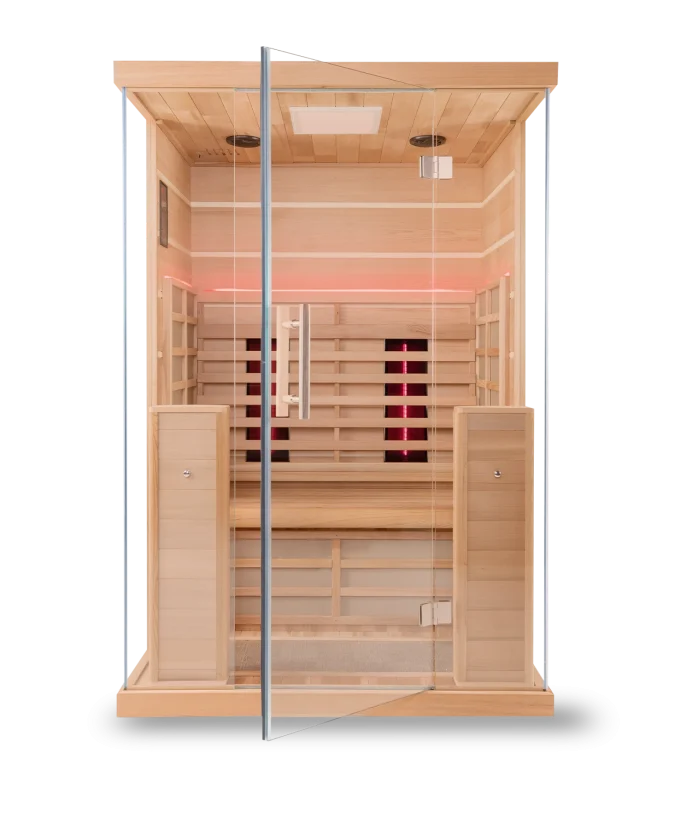 Infrarotsauna aus Holz mit Glasfront und integrierter Beleuchtung.